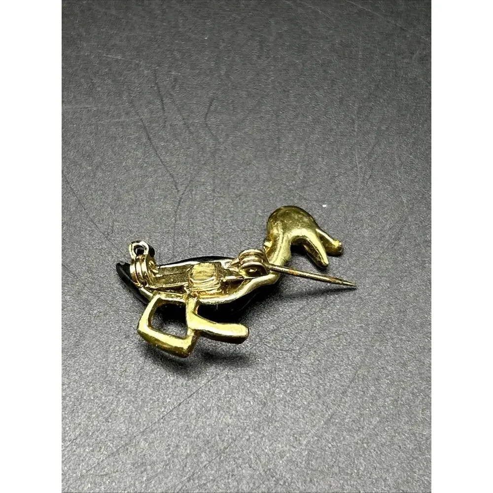 Vintage Black Enamel and Gold Tone Duck Brooch Pin 1 1/4” Green Crystal Eye